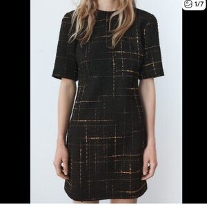 Zara NWOT Black Boucle Tweed Shift Dress Womens Small Short Sleeve